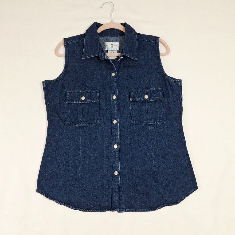Cotton Ginny Sz L Denim Sleeveless Shirt Vest Casual Relax Fit